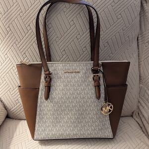 Michael Kors Cream Signature Tote with Brown Leather Trim